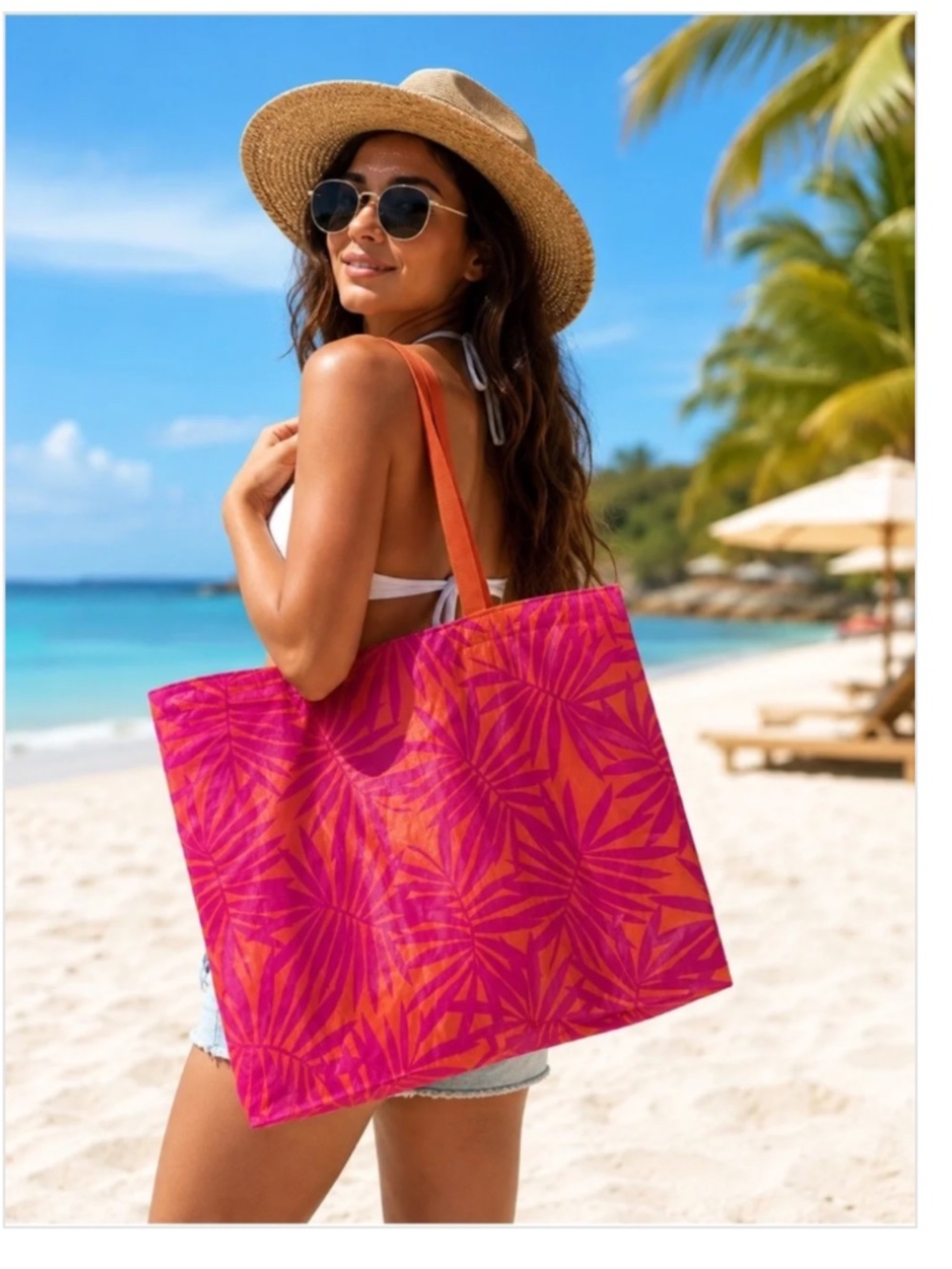 Open Story Water Resistant Reversible Bright Pink & Orange Tropical Tote Bag NWT